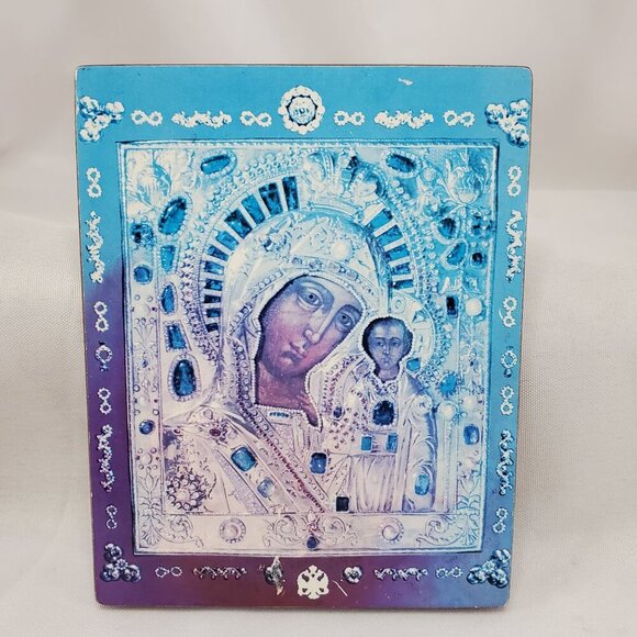 VTG Orthodox Religious Icon Of Our Lady Of Kazan Mother of God On Wood 5x4 Inch - Picture 8 of 8